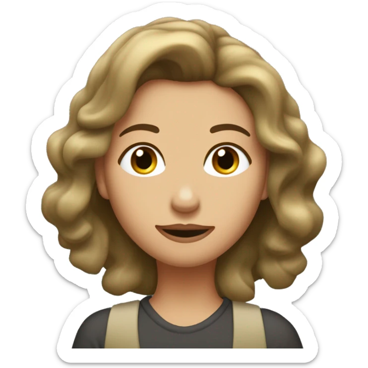 La imagen muestra a una mujer con cabello castaño oscuro recogido y un mechón suelto. Tiene una expresión suave y amigable, con ojos verdes destacados y mejillas ligeramente sonrojadas sticker