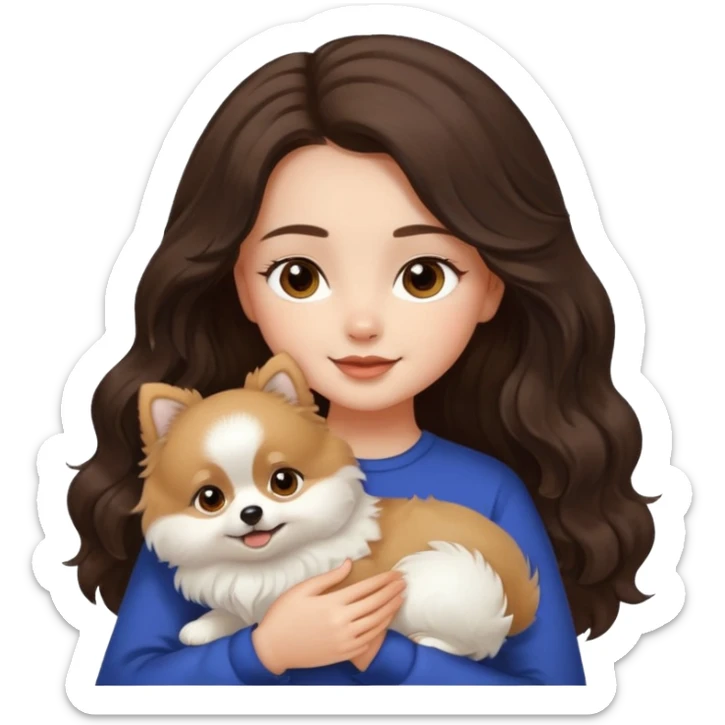light-skinned-girl-wavy-dark-brown-long-without-volume-hair-brown-eyes-petting-light-white-pomeranian sticker