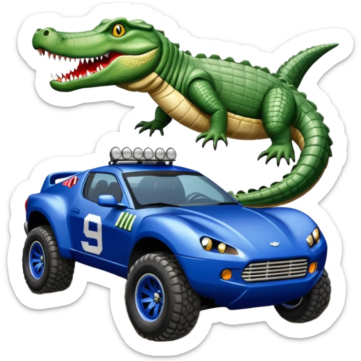 Dirty Joke’s Midnight-blue Local Motors Rally Fighter off road race car being driven by a five foot tall alligator, in the driver’s seat, over a dirt ramp  sticker