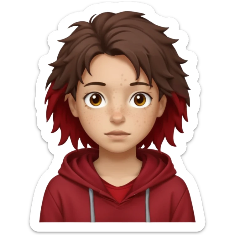 Hobo tomboy with light skin, freckles, dark brown shoulder-length hair in a messy style. Brown eyes, dark brown hoodie, dull red shirt. sticker