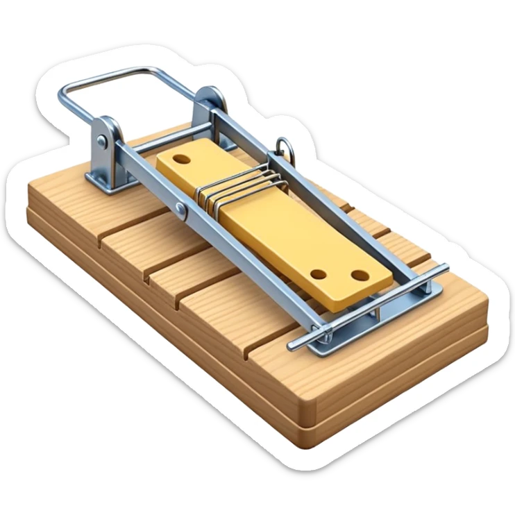 A 3D emoji in iOS emoji aesthetic style of a classic mousetrap without cheese, showing a wooden base and metal spring mechanism, clean minimal design, bright lighting, glossy Apple-style look, white background. sticker