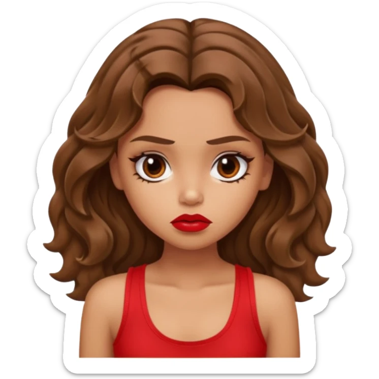 generate a pretty tan bratz girl with brown wavy hair long wearing a red tank top, red lipstick. Looking sad sticker