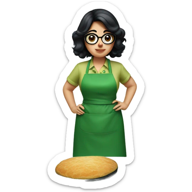 chubby lady with black hair and big eyes green apron  with glasses cooking  sticker