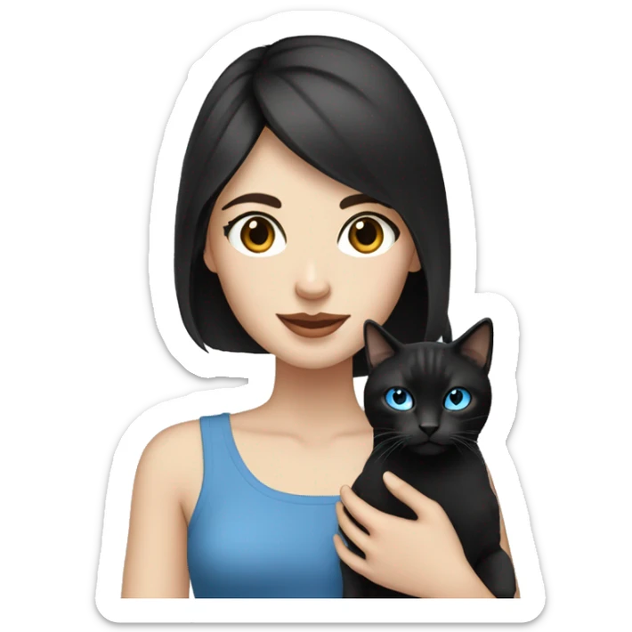 Pale woman with black hair and blue eyes holding a tabby cat sticker