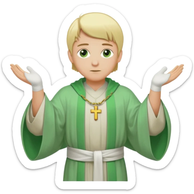 a priest, green eyes, blonde hair, light green wide, flowing outer robe. opening arms, gazing thoughtfully. Soft light, subtle fern. Waist-up, profile. sticker
