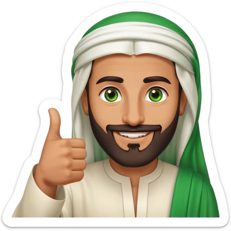 Tanned Arab Saudi man with green eyes and a beard, wearing traditional attire, smiling and giving a big thumbs-up sticker