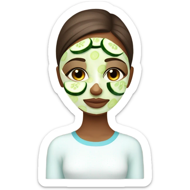 Girl with freackles Brown hair white skin and blue eyes wears Green skin care mask while She relaxes and two round piece cucumber on her closed eyes sticker