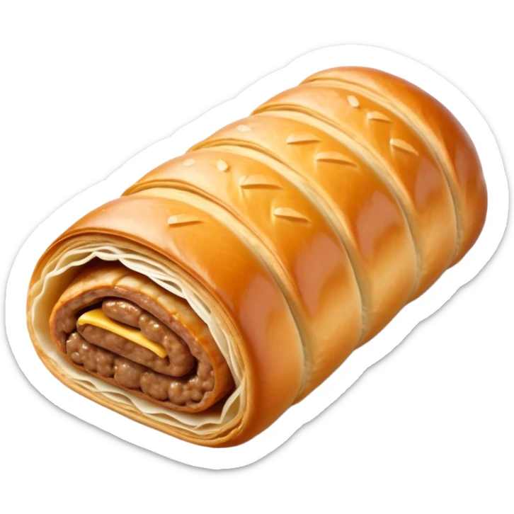 cinematic-realistic-sausage-roll-dish-emoji,-depicted-with-a-crisp,-golden-pastry-wrapped-around-flavorful-sausage,-rendered-with-detailed-textures-wrapped ina. plastic wrapper unrapped - and-appetizing-lighting sticker