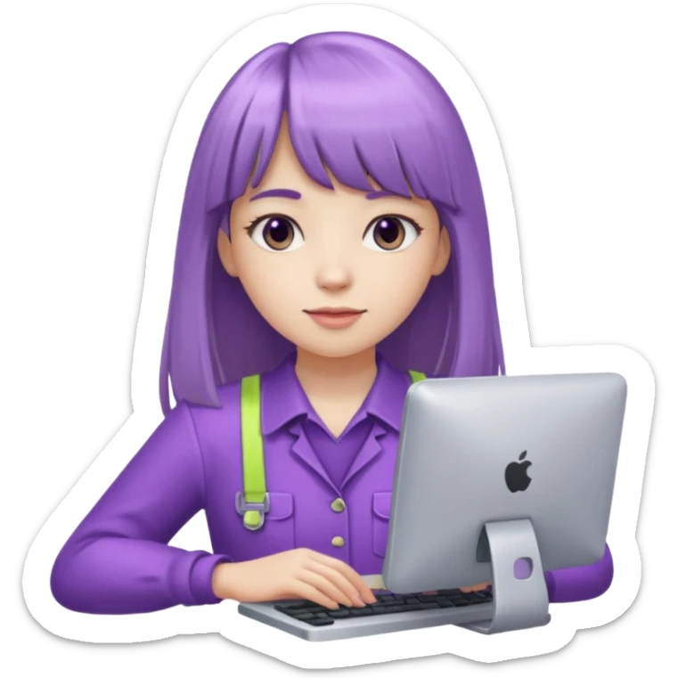 lilac girl with long hair and bangs worker and acessories with a pc worten sticker