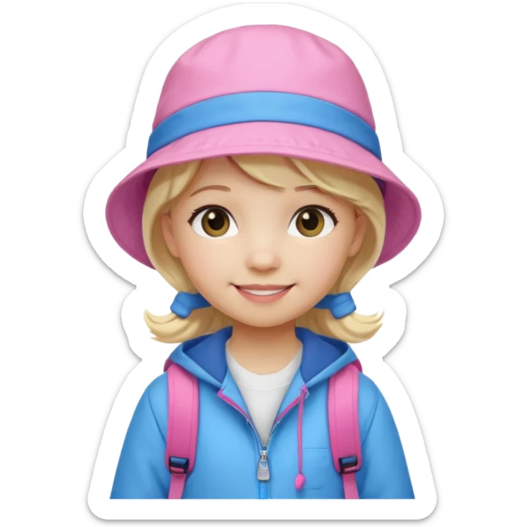 A little girl student white skin, blonde hair, with pink bucket hat, white jacket, blue backpack sticker
