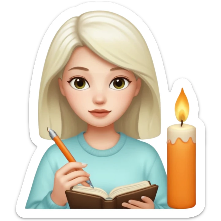 20-year-old pretty woman with white skin journaling, scented candle beside her, iPhone memoji style sticker