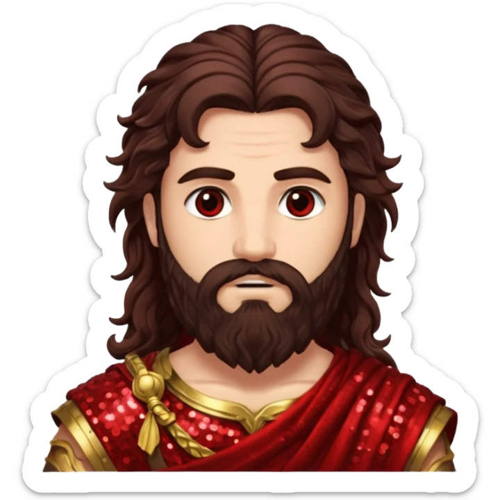 Mars, God of War from Roman Deities with long dark brown wavy hair and beard, deep red sequin toga sticker