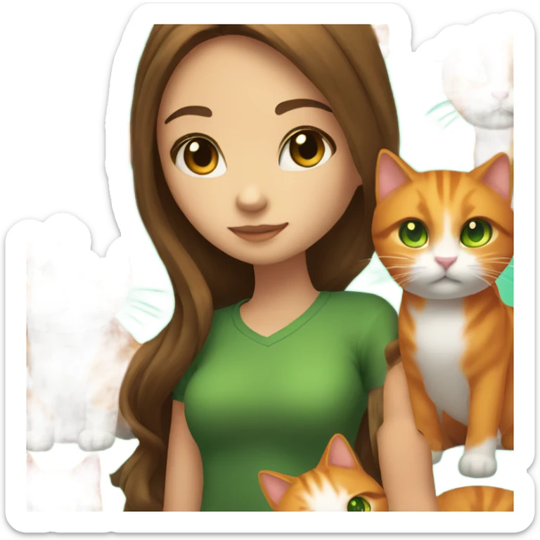 Long Brown highlighted hair and green eyed girl holding an Orange cat sticker
