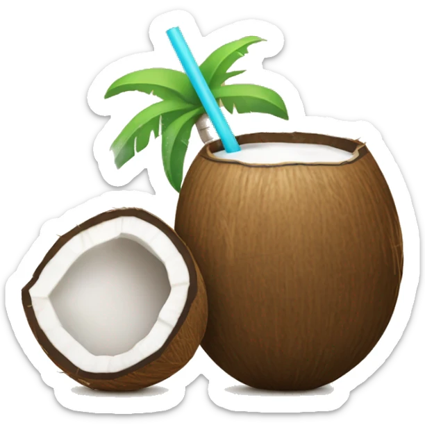 Coconut drink that has coconut shells and a straw. sticker
