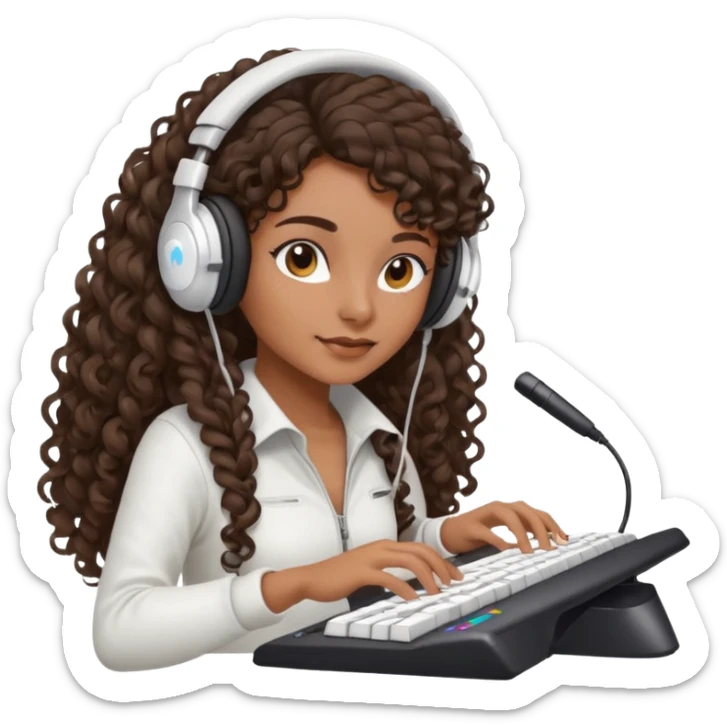 Brown skin Spanish girl with long dark curly hair, wearing a white gaming headset and playing on keyboard with a gaming mouse in one hand sticker