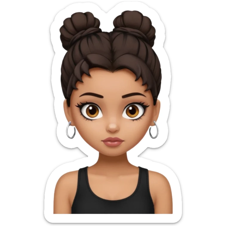 generate a pretty bratz girl in black cami top, dark brown messy bun, eyeliner on. dark brown eyes. NO EARRING sticker