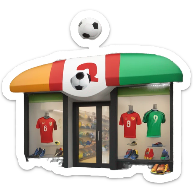 “Soccer store exterior with bold signage, large windows showcasing football gear, jerseys, and accessories, and a dynamic, athletic design reflecting the energy of the sport.” sticker