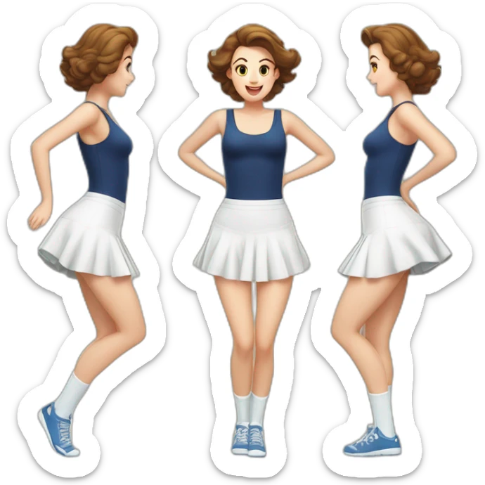 alistic-full-body-caucasian-curvy-beauty-jumping-short black-skirt-back-and-front-views-strong-wind-knickers-long-white-socks sticker