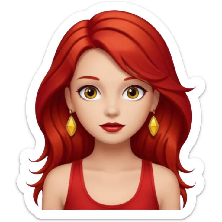 girl wearing red tank top, brown long hair, glam make up, have a red hair clip EMOJI sticker