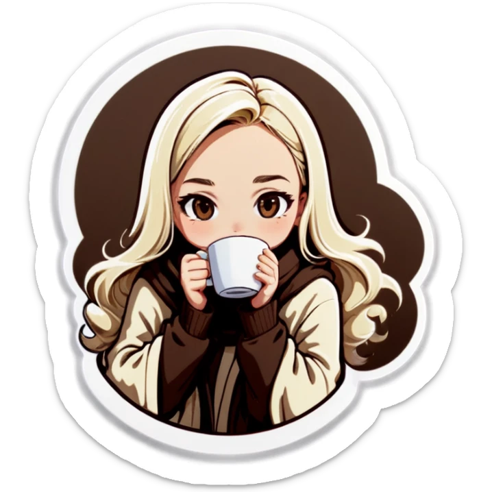 Blonde girl wearing a light blonde blanket. Drinking coffee. Long wavy brown hair. sticker