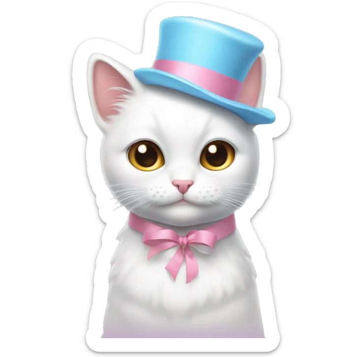 Hot and dizzy white cat wearing a sky blue ribbon on her head, and her chick is pink sticker