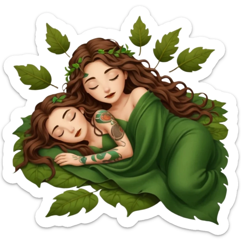 sleepy moon druid woman long wavy brown hair tattoos in leaf blanket sticker