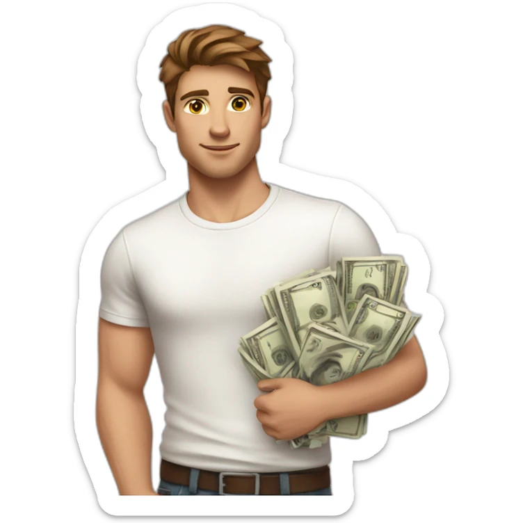 A young fit man with a white shirt with forward Brown hair and beige skin and with money in his hand sticker
