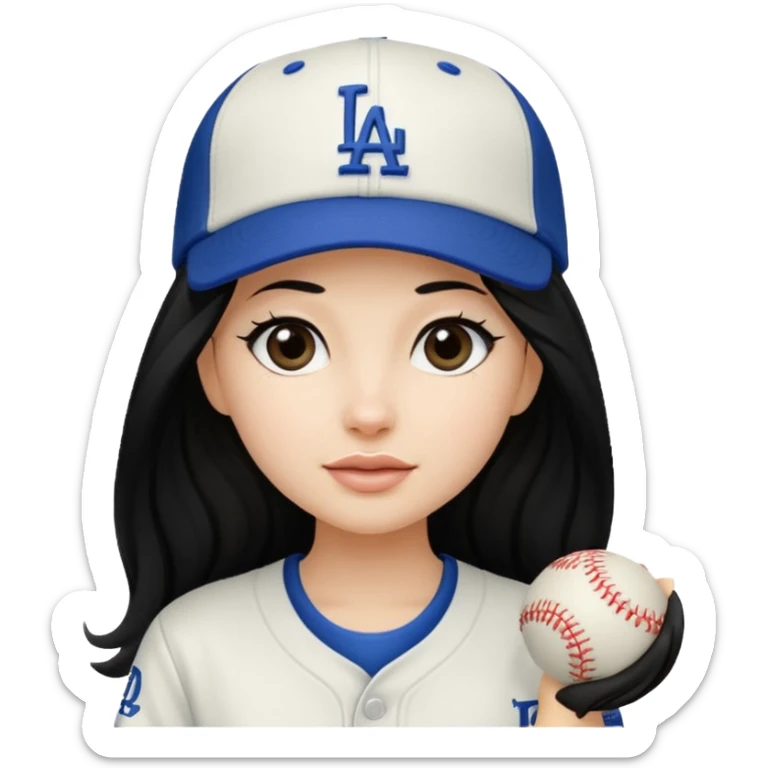 Can you make an emoji of a girl with fair skin with black long hair wearing an LA dodger hat sticker