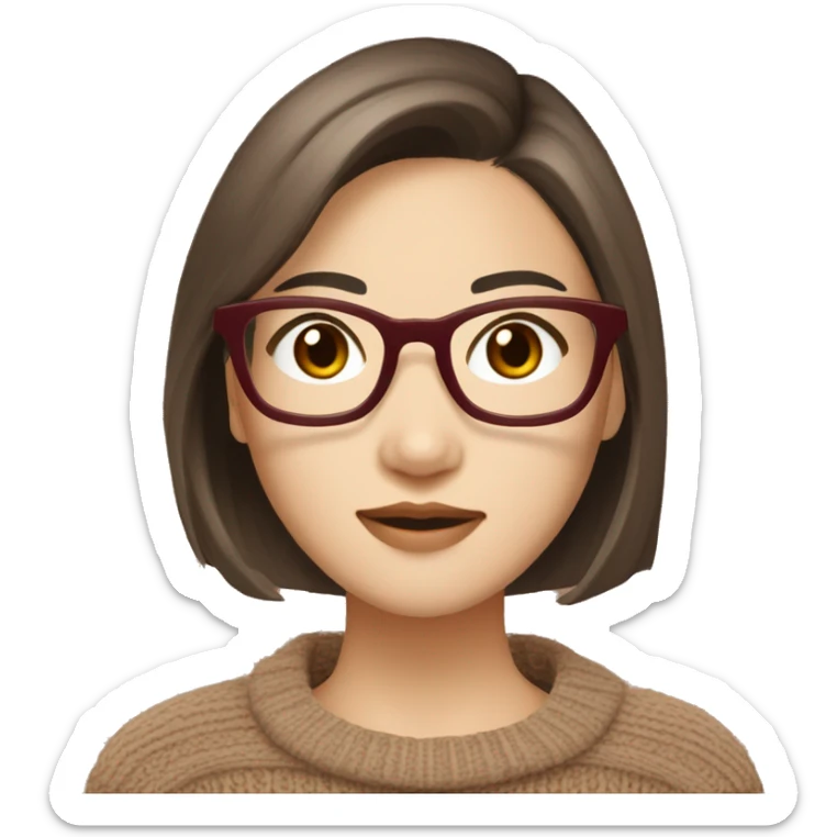 a young pretty asian woman, light brown short hair, brown eyes, dark red knit sweater, textured bob, asian,glasses, pretty eyelashes,pale skin sticker