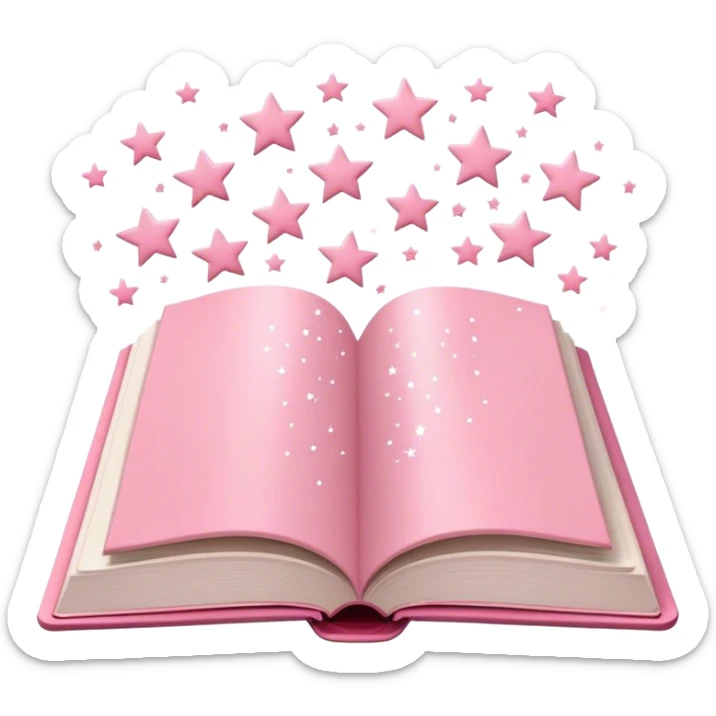 Un livre de couleur rose poudre minimaliste ouvert avec des étoiles scintillantes qui en sortent  sticker
