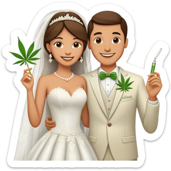 Newlywed couple, bride and groom, full body, sharing a cannabis joint at wedding sticker
