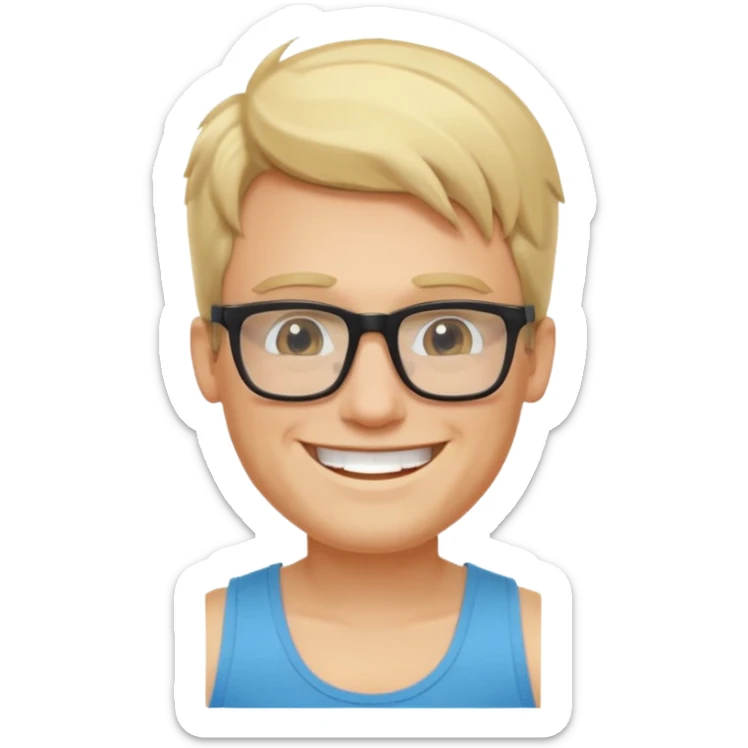 portrait of man, wearing a tank top, square glasses, grinning face, blond hair sticker