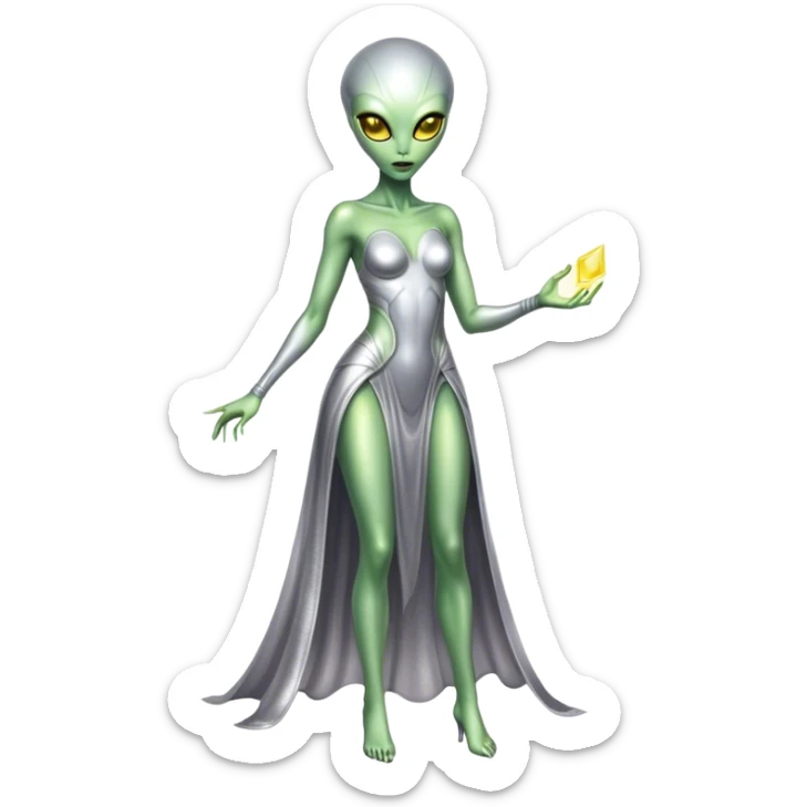 alien woman light green skin in silver dress Yellow eyes, full body  sticker
