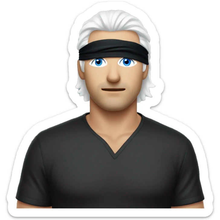 Man with white hair and blue eyes but he has a blindfold on but he’s revealing one of his eyes under the blindfold and he’s wearing a black shirt. sticker