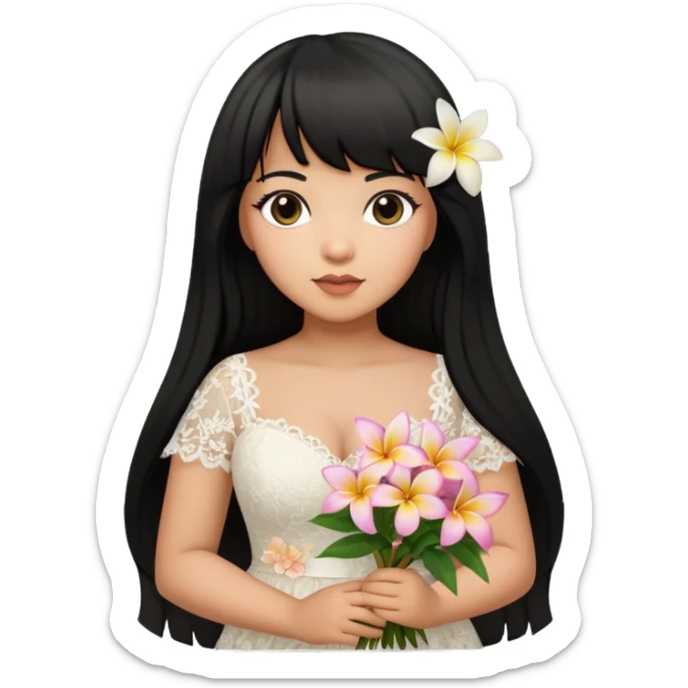 Latina girl with bangs black long hair plus size lace wedding dress with plumeria bouquet sticker