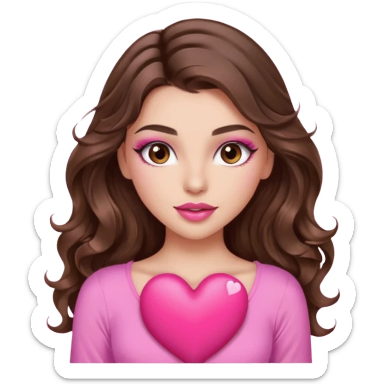 girl with long wavy brown hair, brown eyes, long lashes makeup, sexy pink lips, light to medium complexion, wearing a pink sexy top, squeezing a big heart sticker