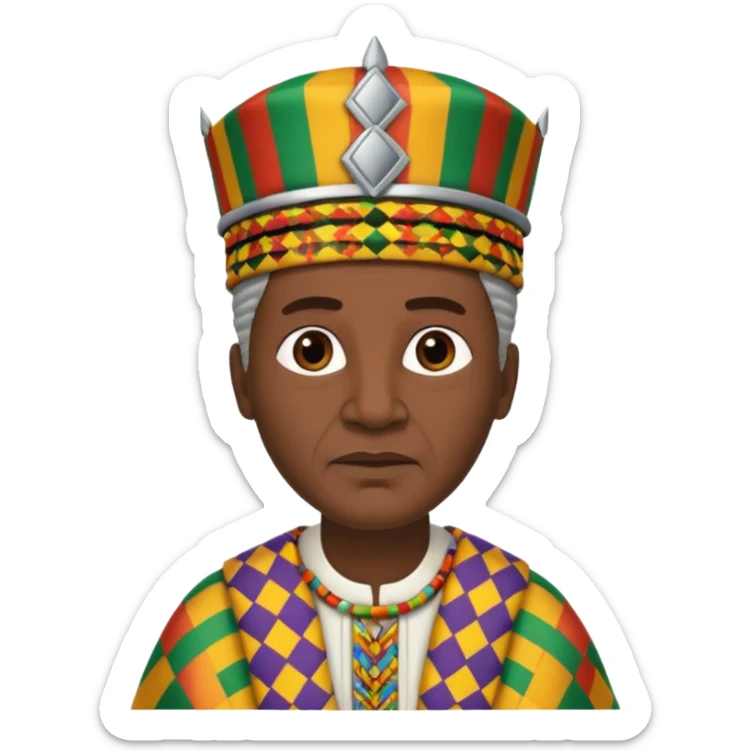 Create an emoji of an old African king wearing kente cloth, white shirt and kufi hat sticker
