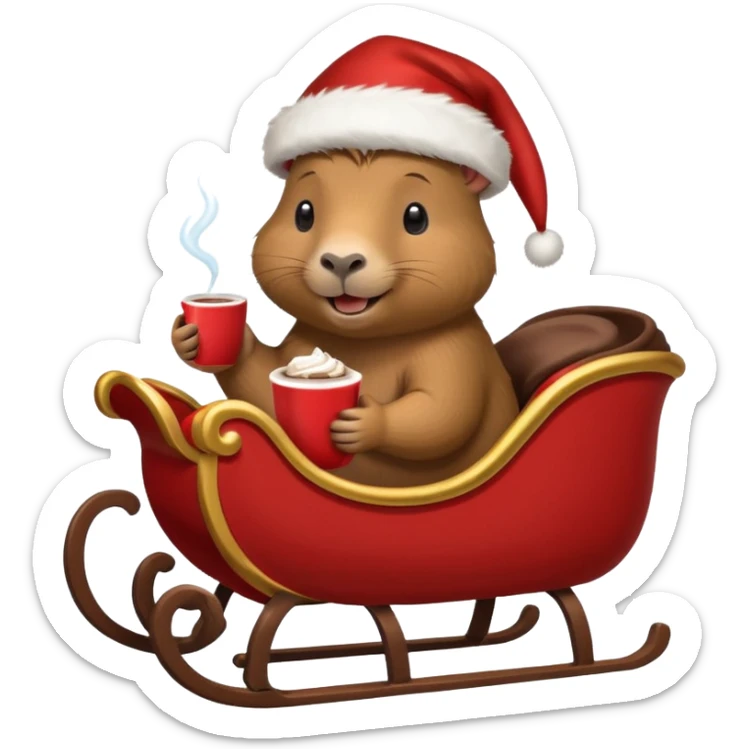 capybara wearing a santa hat, holding a cup of hot cocoa in a sleigh sticker