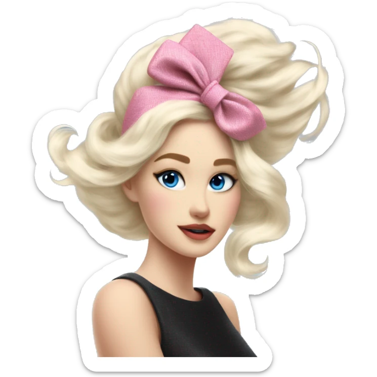 a beautiful young woman with platinum blonde hair, ocean-blue eyes, and a chanel pink tweed with chanel headband, exudes allure as she combs her hair gracefully in the wind. sticker