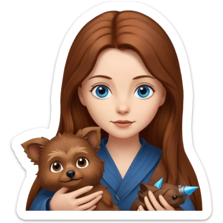 long hair chestnut color blue eyes woman holding small pointy ear ewok dog sticker