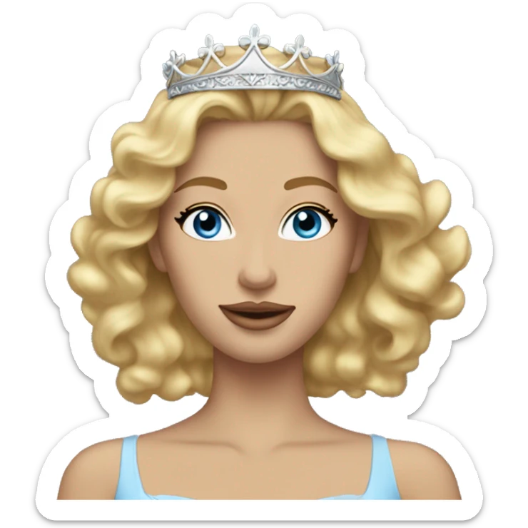 a woman with blonde wavy hair and silver crown on her head, blue eyes, wearing a long light blue ballgown sticker