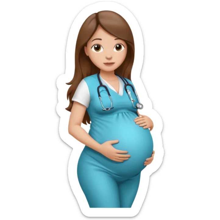 A pregnant woman with long brown hair belly with a stethoscope sticker
