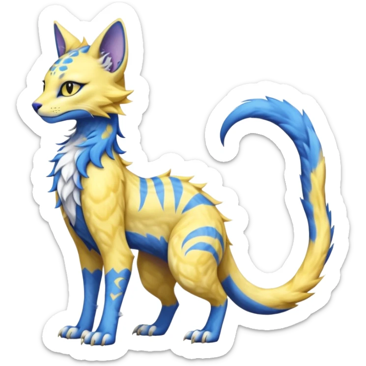 Kawaii yellow and blue beautiful pretty elegant divine edgy fantasy feline-vernid-sergal-fursona animal creature with a tufted tail full body with intricate markings  sticker