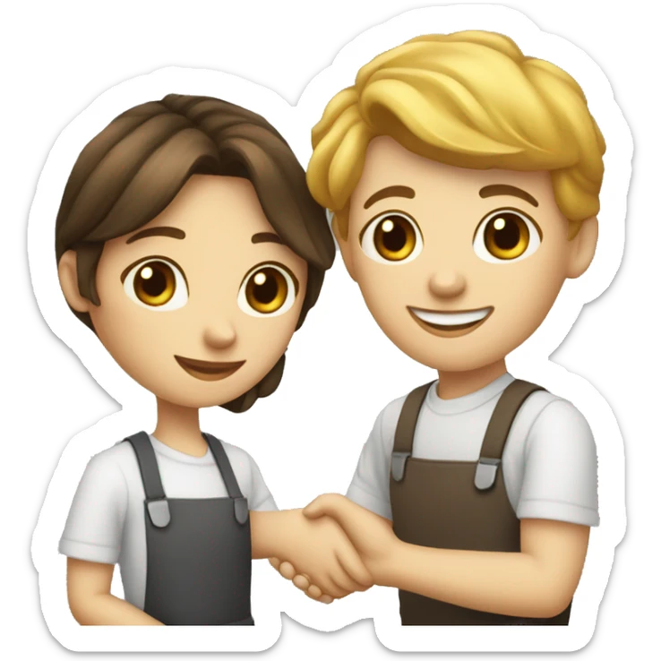 an adult restaurant owner and a young blogger shaking hands, both with fair skin, in great detail sticker