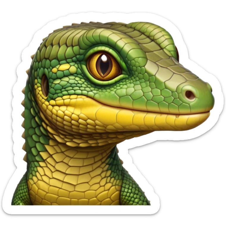 cinematic-realistic-cute-monitor-lizard-portrait-emoji,-head-tilted-playfully-and-inquisitively,-featuring-a-compact,-agile-body-with-finely-detailed,-glossy-scales-in-earthy-olive-hues-and-a-distinct,-alert-face-with-bright,-curious-eyes, yellow and green multi coloured  scales sticker