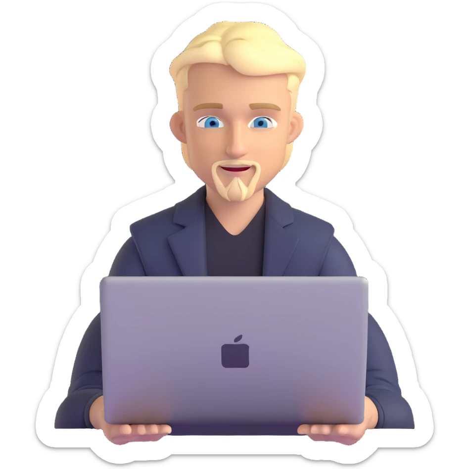 young blond male with blue eyes, modern forward-styled hair and fringe, sly proud smile, thin blonde mustache and sharp goatee, working on MacBook, clean and stylish, tech website vibe sticker