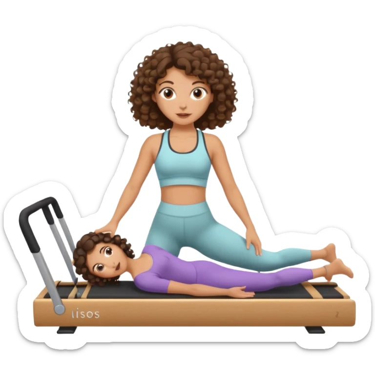 brunette,curly hair 3b girl doing reformer pilates with cute set sticker