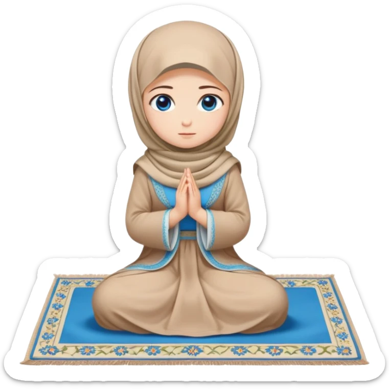 Turkish beautiful finish Konya girl blue eyes with beige flower hijab long tail dress and sits on the pray mat on the ground and pray dua  sticker
