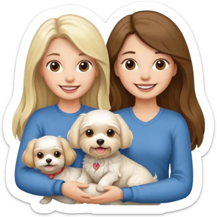 two women holding one Maltese dog one is brunette the other is blonde long haired  sticker