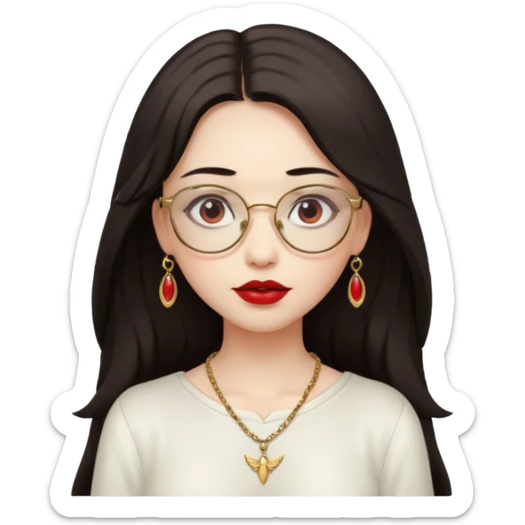 Angel girl with eyeglasses and long dark hair with red lipstick  and push gold necklaces and dark eyes sticker